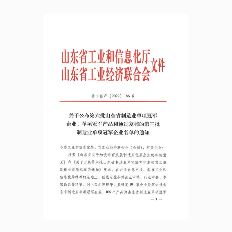 關于公布第六批山東省制造業單項冠軍企業、單項冠軍產品和通過復核的第三批制造業單項冠軍企業名單的通知